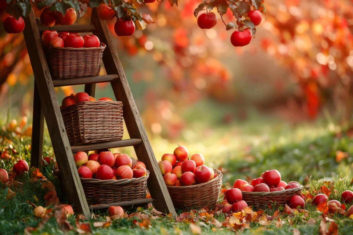 Red apples in baskets beside a wooden ladder, with a blurred autumn backdrop.