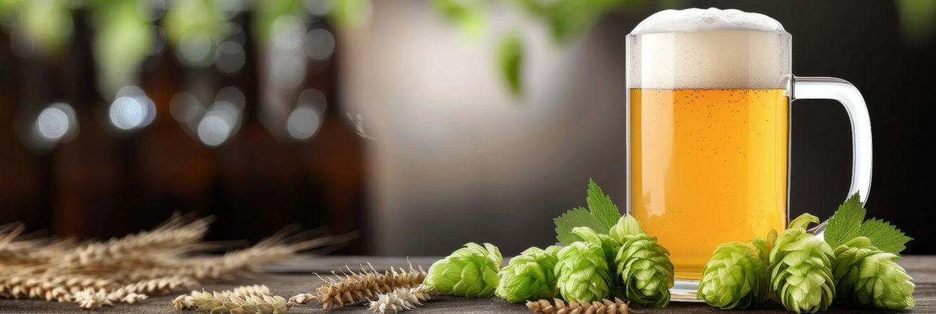 A glass of beer with foam, surrounded by hops and barley.