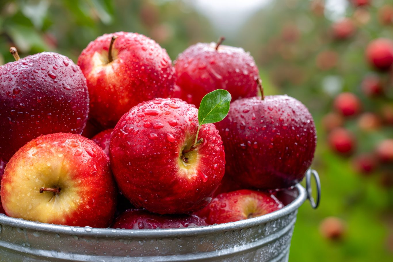 Fresh red apples with dew in a metal bucket, surrounded by an orchard.