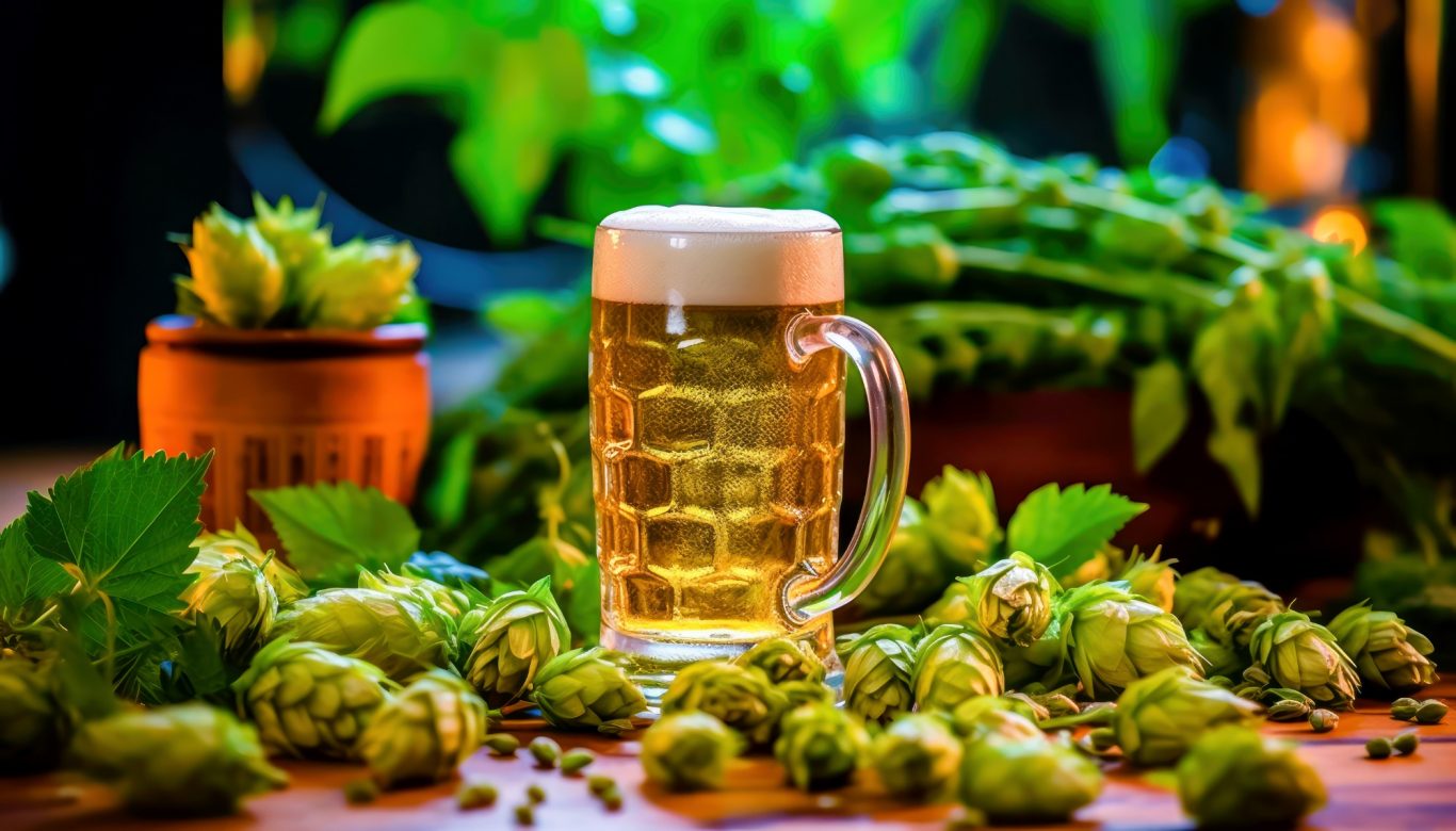 A frothy beer mug surrounded by fresh hop cones and green foliage.