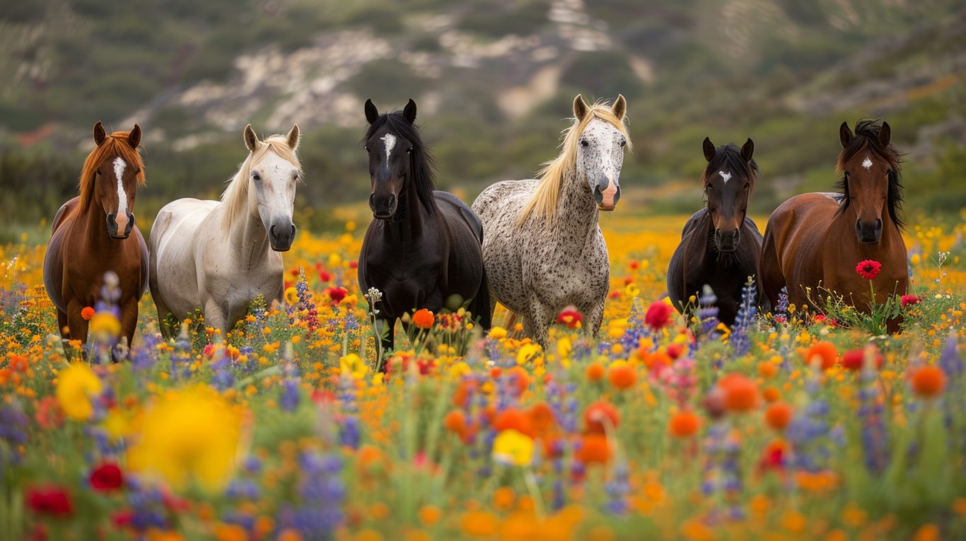 Five horses of varying colors stand among vibrant wildflowers in a lush field.