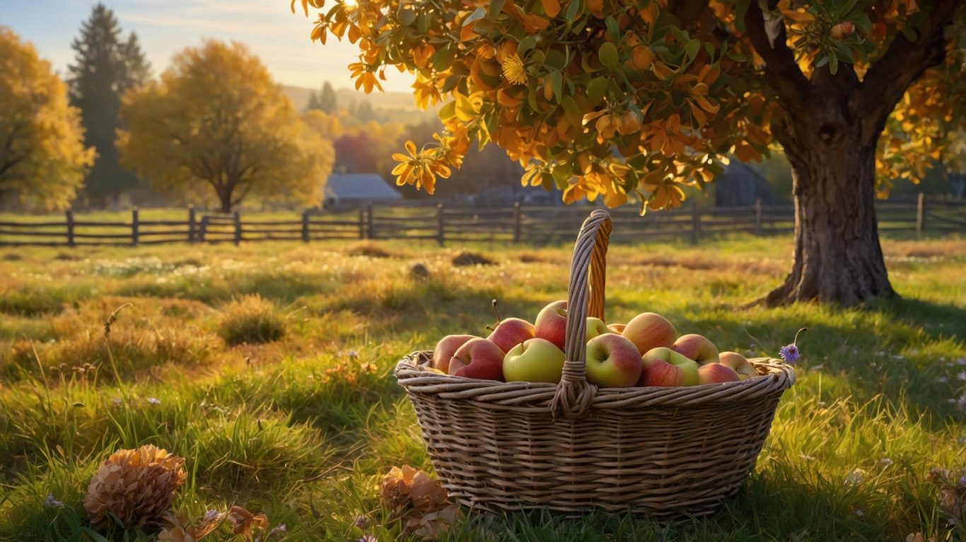 A basket of apples sits on grass under a tree in a sunlit autumn landscape.