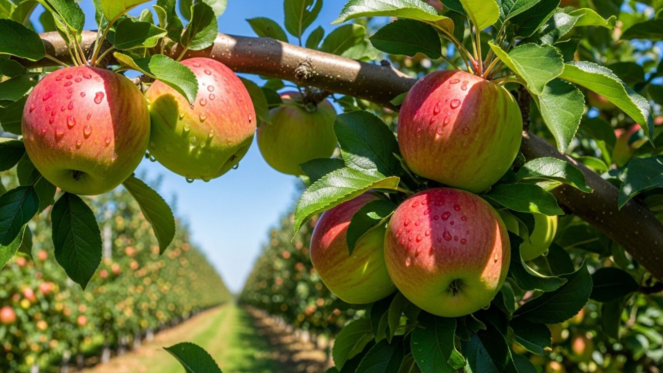Fresh apples on a tree branch in an orchard with clear blue skies in the background.