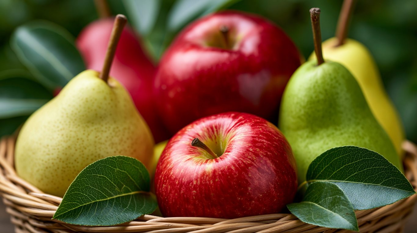 Red apples and green and yellow pears in a woven basket with green leaves.