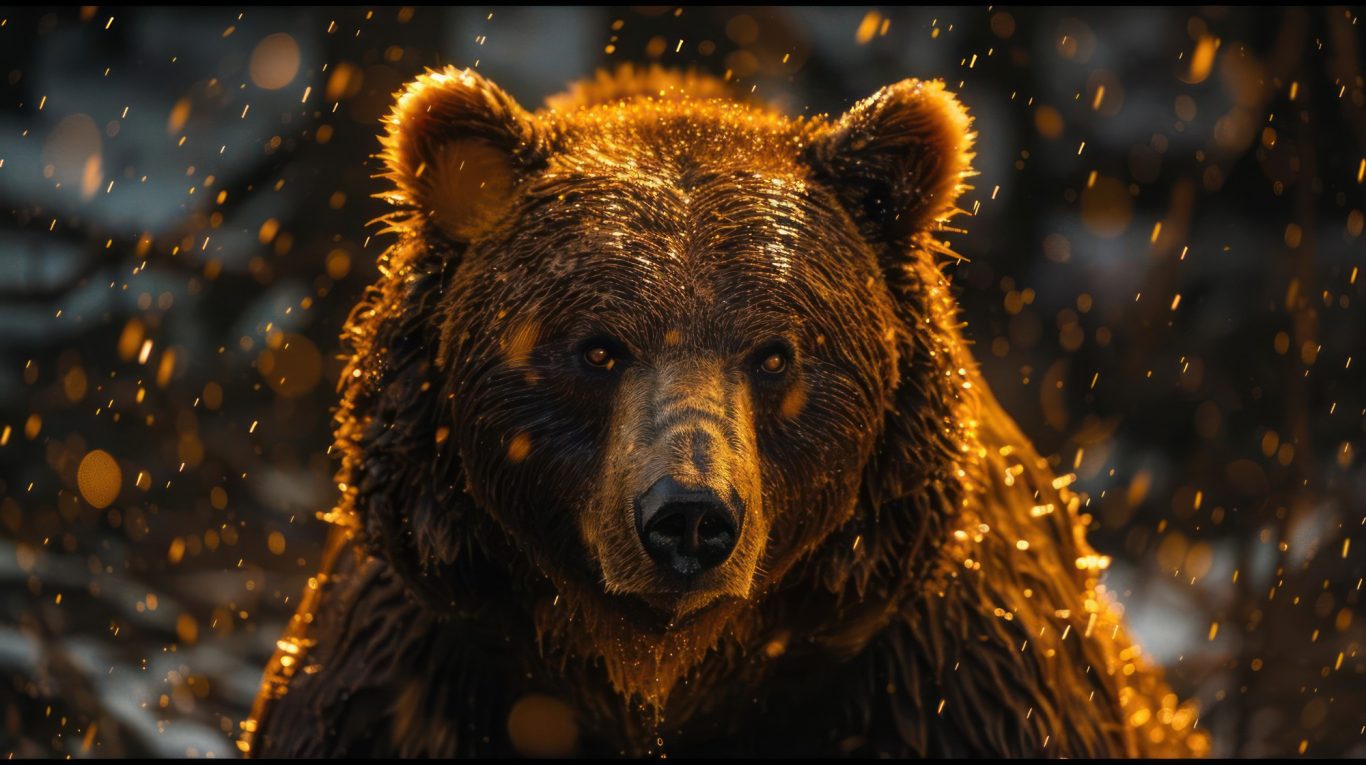 Close-up of a bear with a thick, fur coat against a blurred forest background.