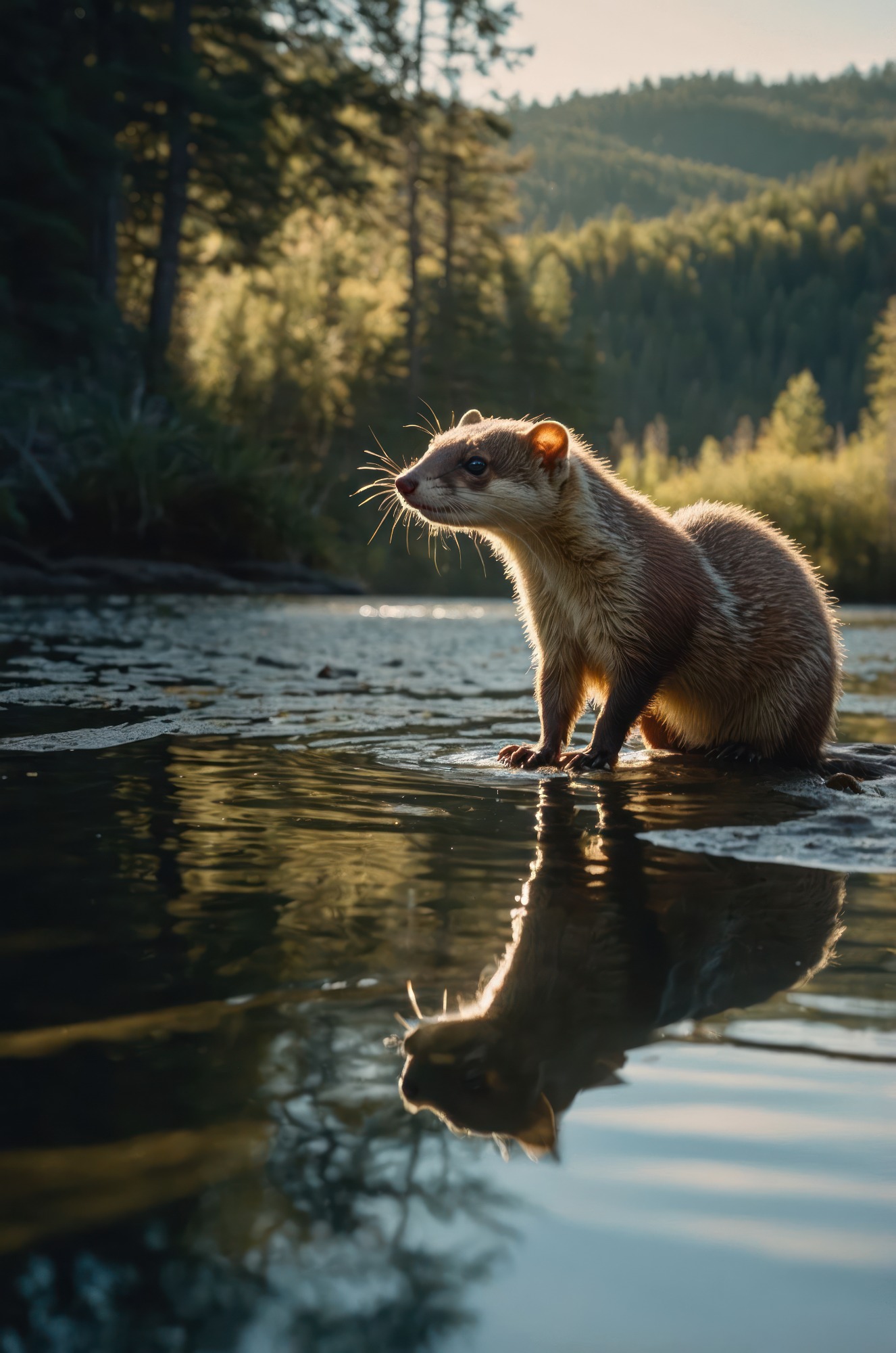 A river otter stands on the shore, reflecting on the water with mountains in the background.